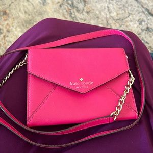 Kate Spade, pink leather envelope, flap, shoulder bag with polkadot lining
